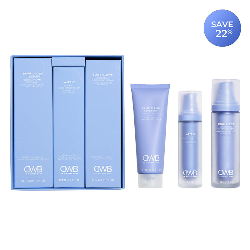 Daily Staples kit with Bowe Glowe Cleanser, Asta C, and Bowe Glowe microbiome cream