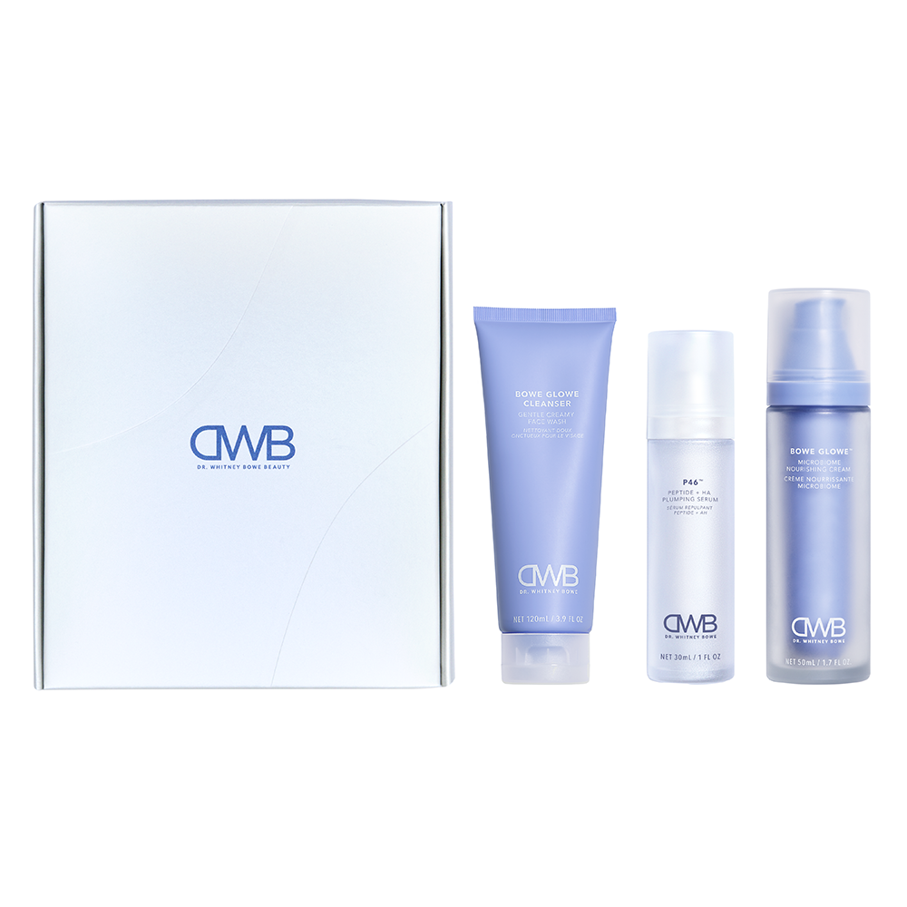 Set of DWB skincare products including a bowe glowe cleanser, p46, and bowe glowe microbiome nourishing cream on a white background