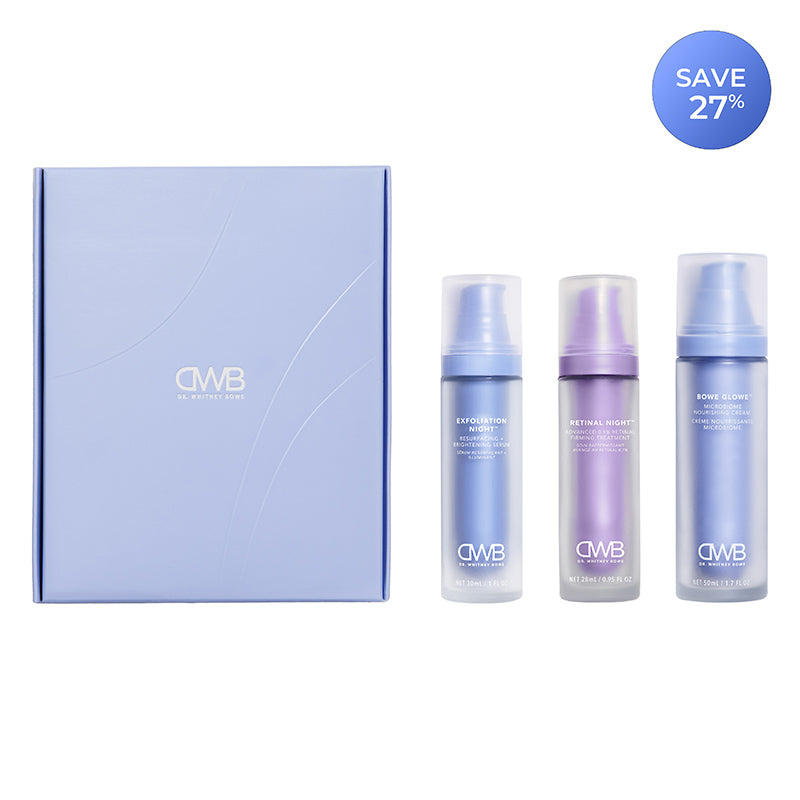 Skin Cycling Program with Exfoliation night, retinal night, and bowe glowe kit