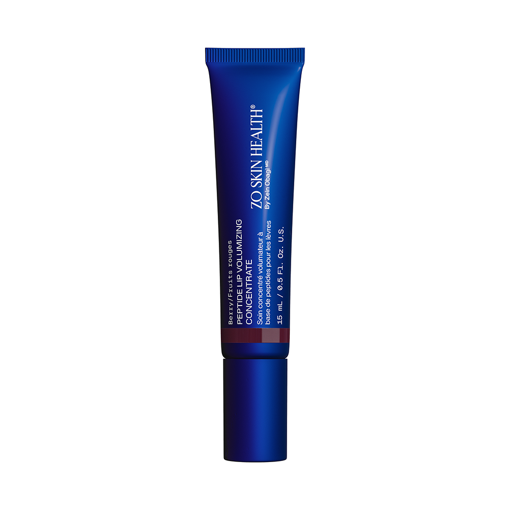 ZO Skin Health, Peptide Lip Volumizing Concentrate in Berry, 15 mL. Blue tube with a dark berry stripe and blue cap.