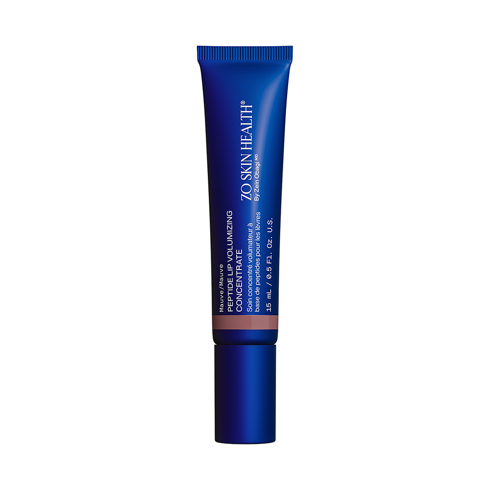 ZO Skin Health, Peptide Lip Volumizing Concentrate in Mauve, 15 mL. Blue tube with a mauve stripe and blue cap.