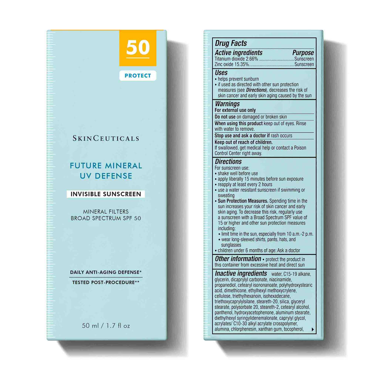 SkinCeuticals Future Mineral UV Defense SPF 50. 50mL/1.7oz size box, front and back