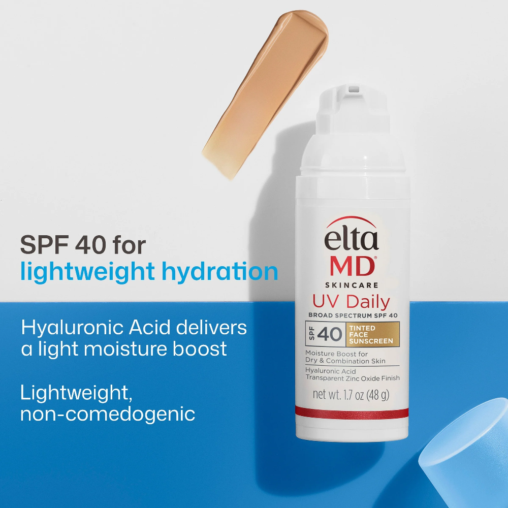 EltaMD UV Daily Facial Sunscreen Tinted Broad-Spectrum SPF 40 1.7 oz / 48 g bottle with tinted swatch and “SPF 40 for lightweight hydration” text