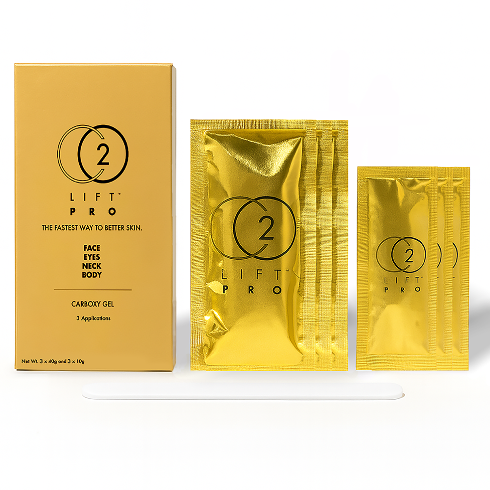 CO2LIFT PRO skincare product packaging including a box and gold sachets on a white background.