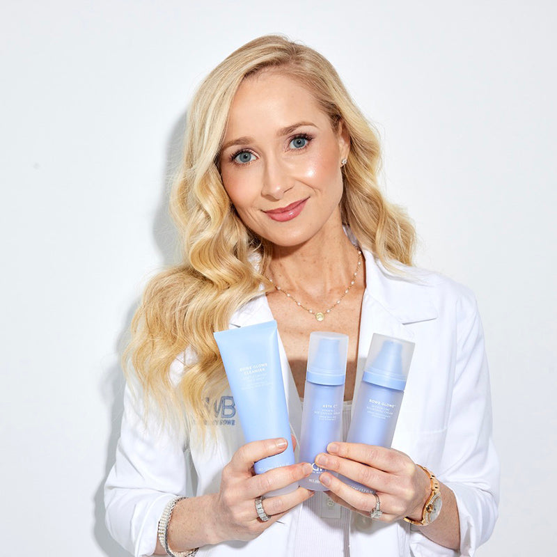Daily Staples kit with Bowe Glowe Cleanser, Asta C, and Bowe Glowe microbiome cream with founder
