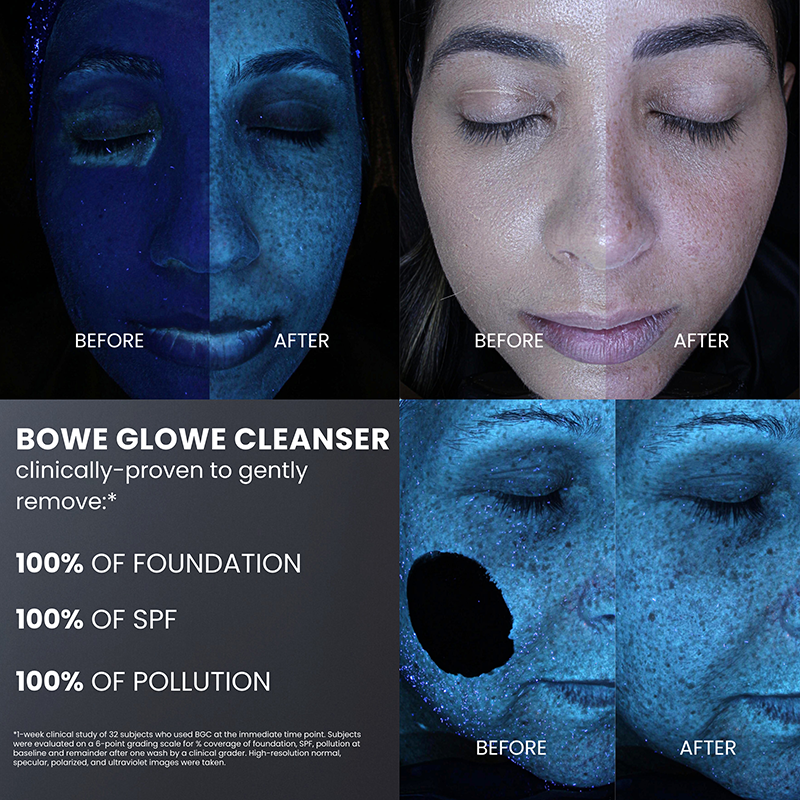 Before and after effects of a cleanser on skin, with text about its benefits.