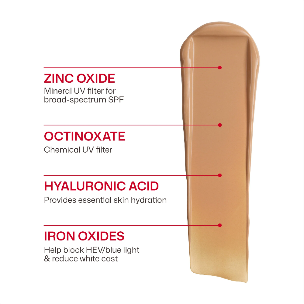 EltaMD UV Daily Facial Sunscreen Tinted Broad-Spectrum SPF 40 1.7 oz / 48 g swatch labeled zinc oxide, octinoxate, hyaluronic acid and iron oxides