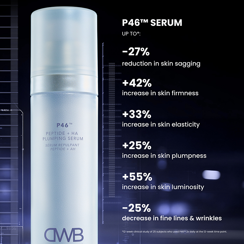 P46 serum bottle with skincare benefits on a dark background