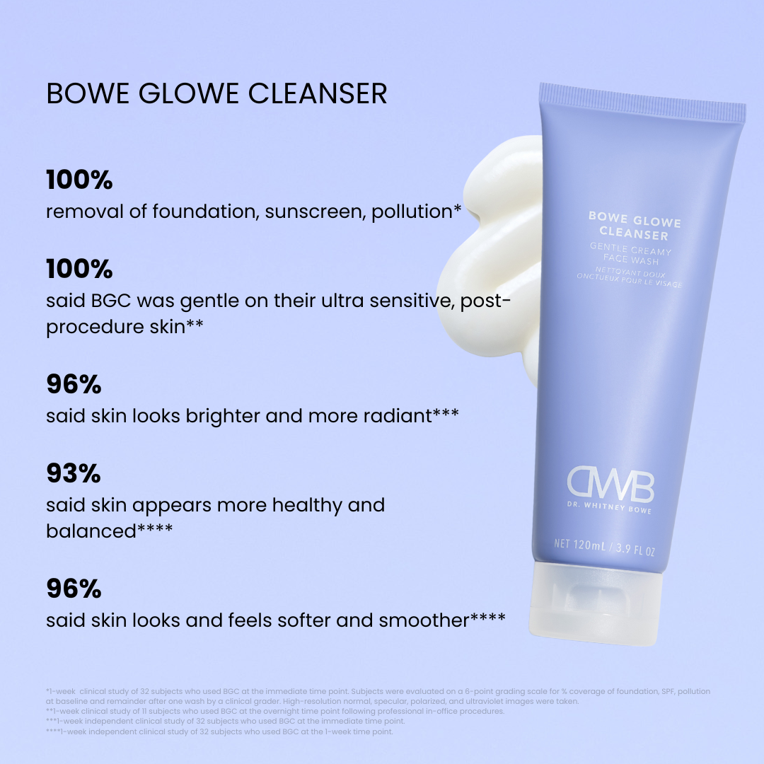 Daily Staples kit with Bowe Glowe Cleanser, Asta C, and Bowe Glowe microbiome cream bowe glowe cleanser results

