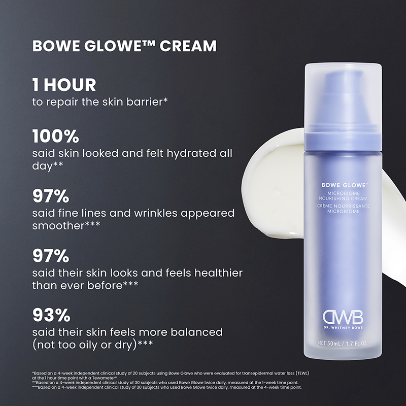 Bowe Glowe cream bottle with product benefits on a dark background