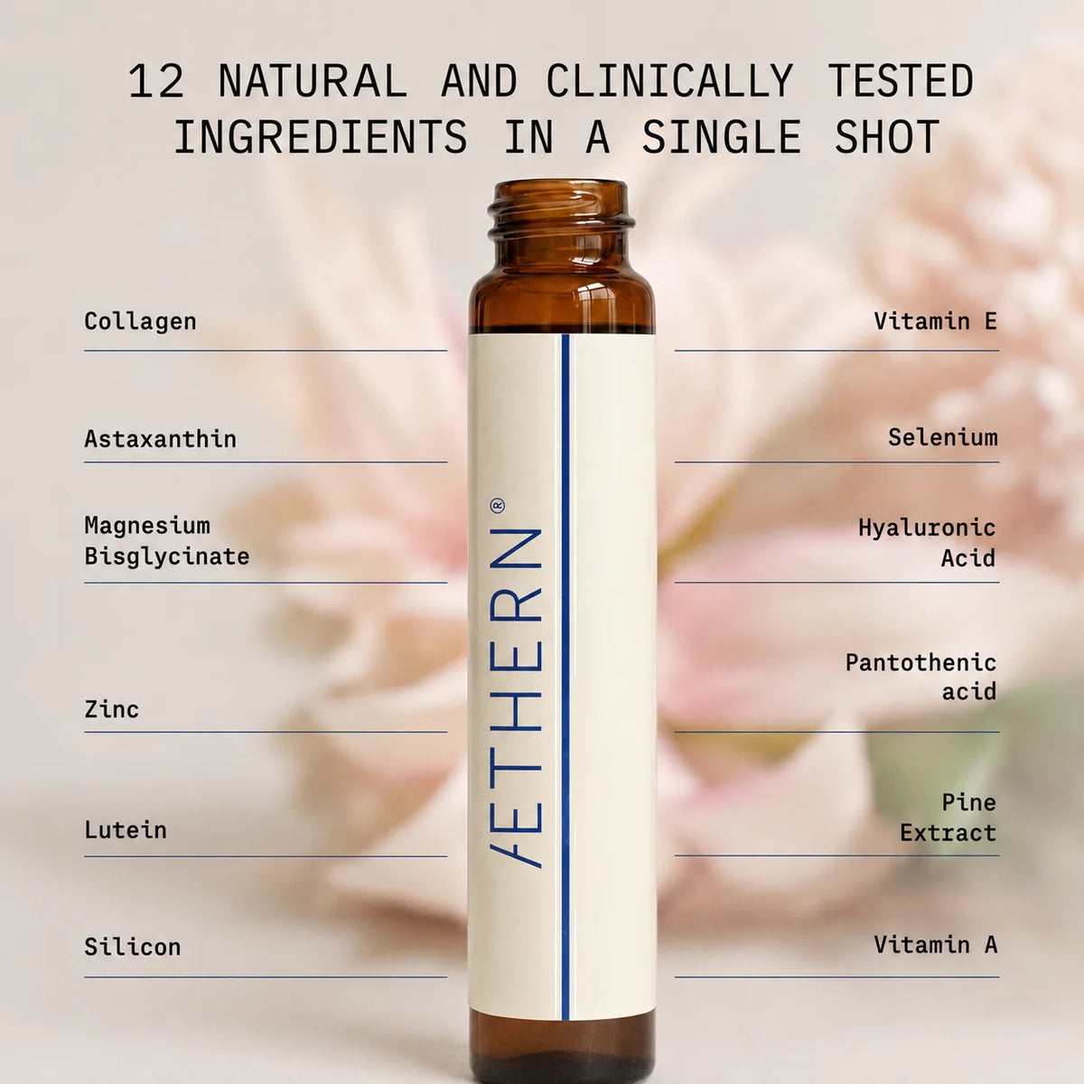 An amber glass supplement bottle with a cream label and blue vertical text reading FETHERN, centered on a soft pink floral background. Text around it lists 12 natural and clinically tested ingredients including collagen, vitamin E, selenium, magnesium bisglycinate, zinc, lutein, silicon, hyaluronic acid, pantothenic acid, pine extract, and vitamin A.