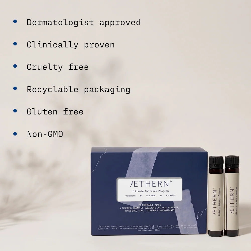 A box of Ethern skin barrier program alongside two small vials, with bullet points listing product benefits on a light neutral background.