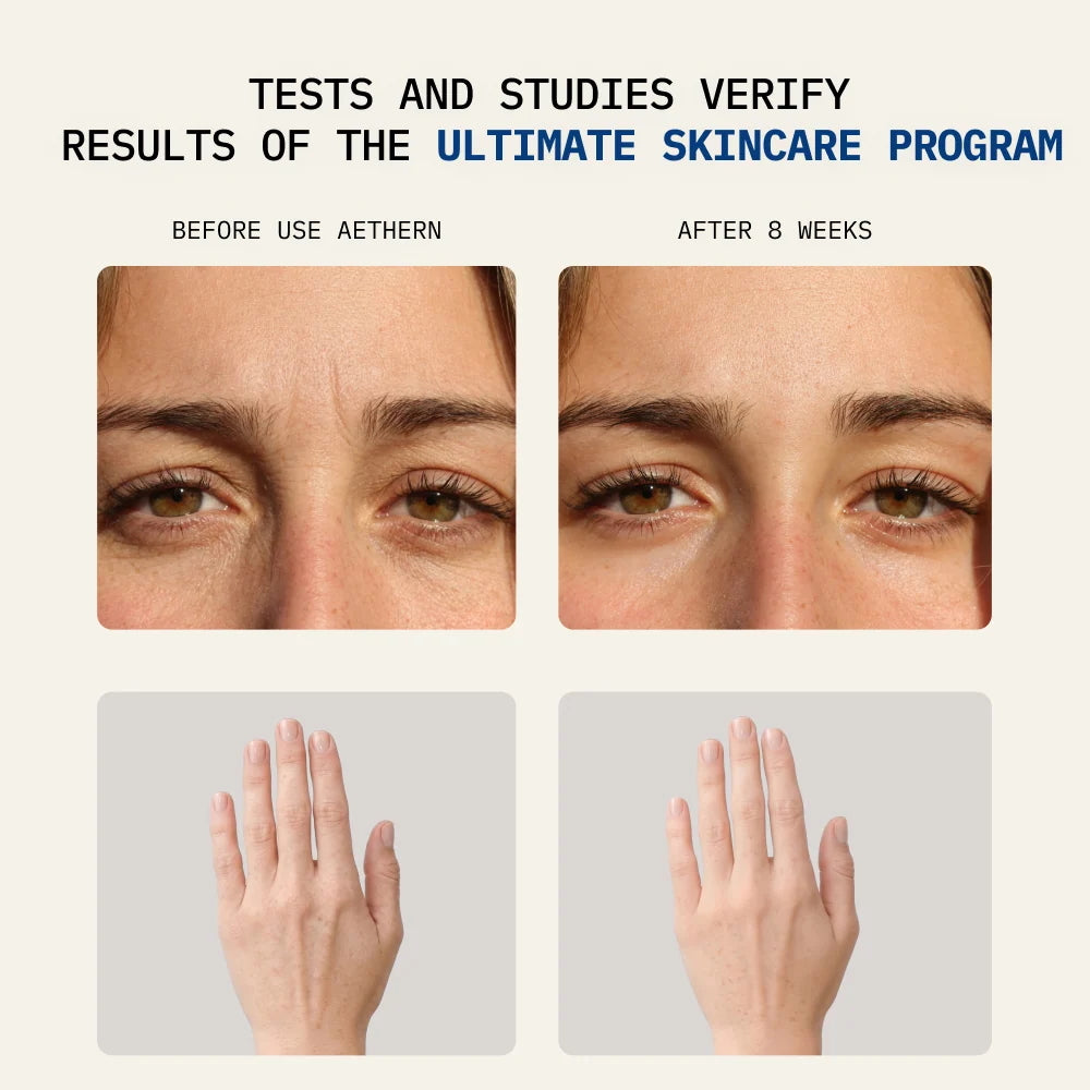 Before and after effects of a skincare program on a person's face and hands.