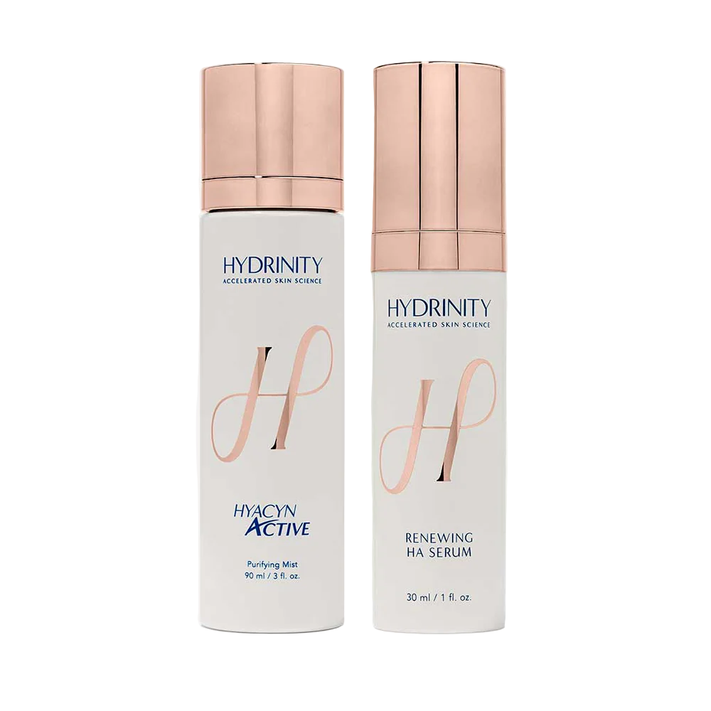 Two skincare bottles from Hydrinity on a white background
