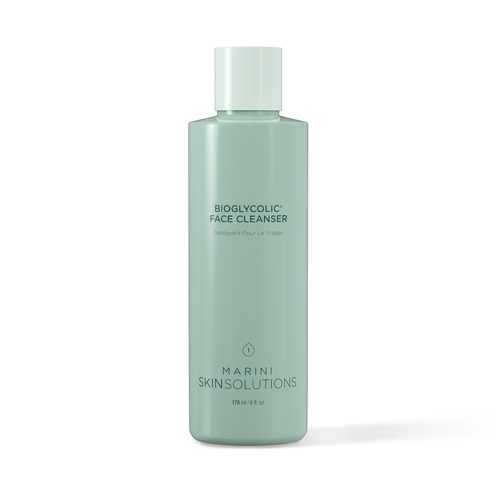 Green bottle of Bioglycolic Face Cleanser by Marini Skinsolutions on a white background