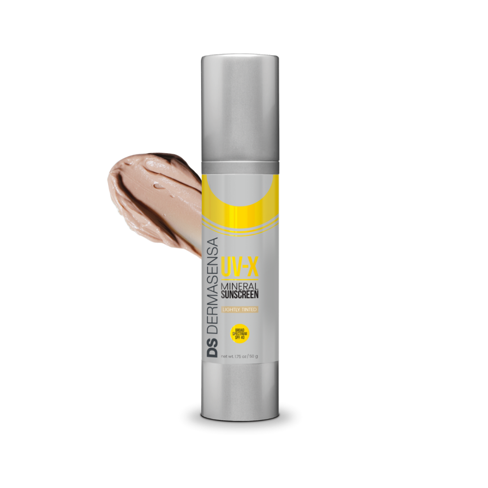 Dermasensa UV-X Mineral Sunscreen SPF 40 Lightly Tinted, 1.75oz pump bottle with a swatch of the tinted sunscreen