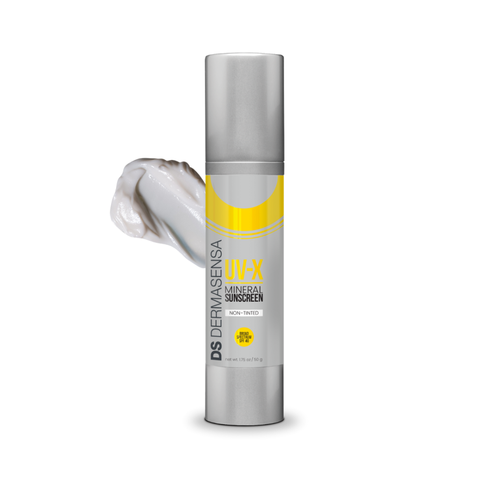 Dermasensa UV-X Mineral Sunscreen SPF 40 Non-Tinted, 1.75oz pump bottle with a swatch of the white sunscreen