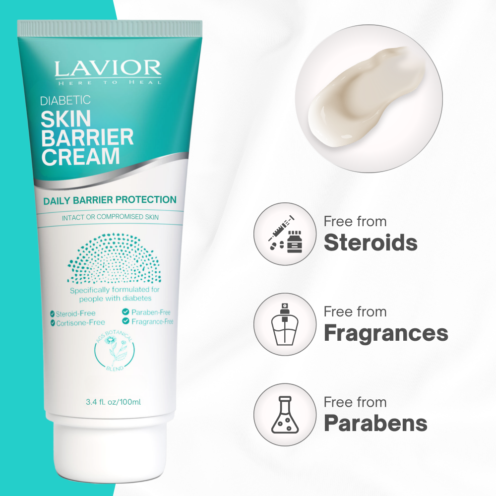 Lavior Diabetic Skin Barrier Cream 3.4 fl oz / 100 mL tube with cream swatch, free from steroids, fragrances and parabens