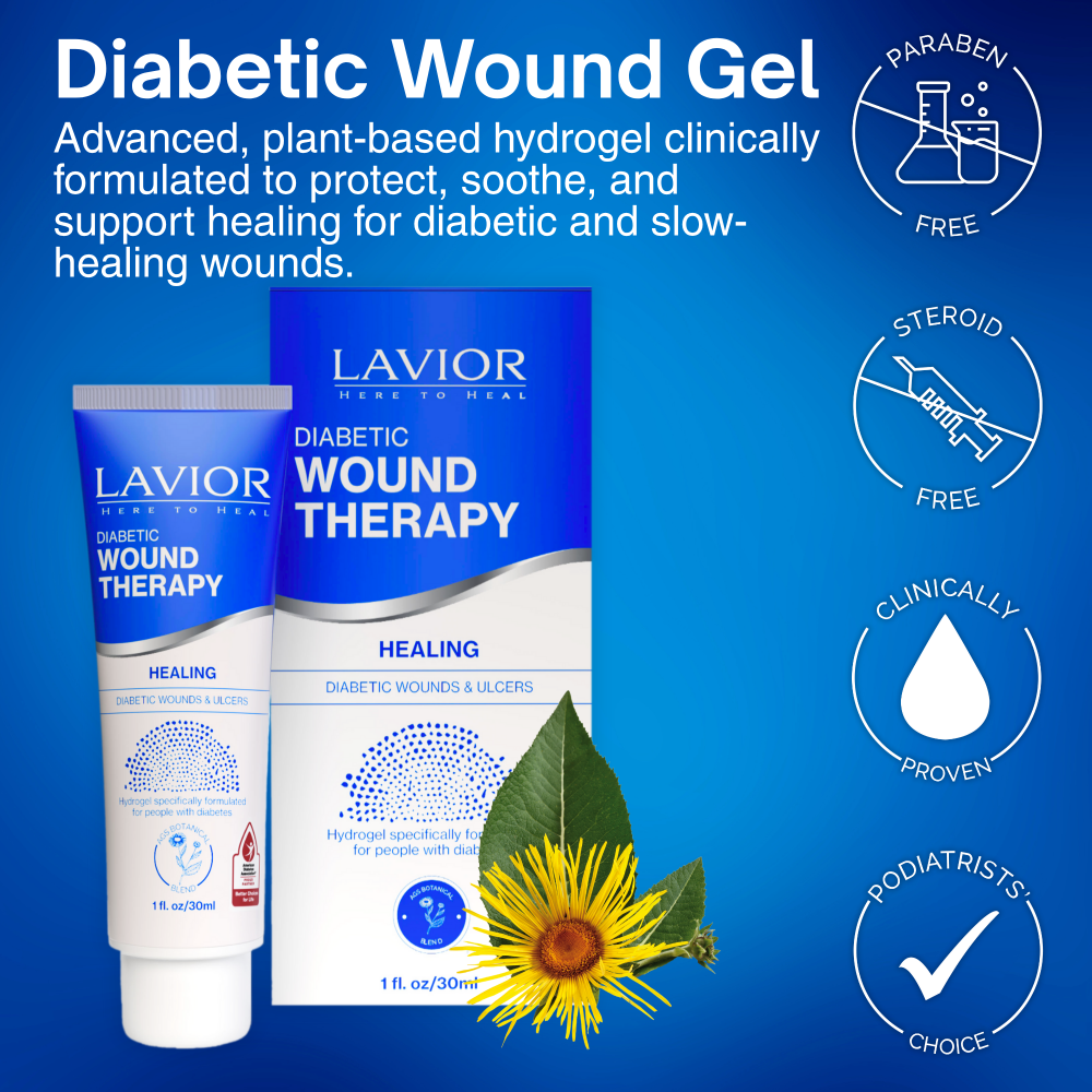 Lavior Diabetic Wound Hydrogel 1 fl oz / 30 mL tube and box with paraben-free, steroid-free, clinically proven and podiatrists’ choice badges