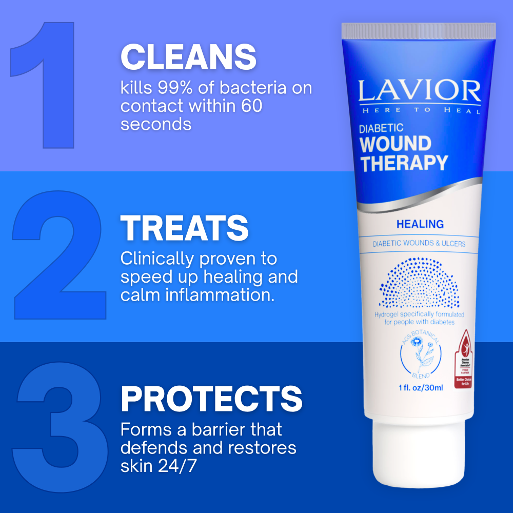 Lavior Diabetic Wound Hydrogel 1 fl oz / 30 mL tube with cleans, treats and protects benefits