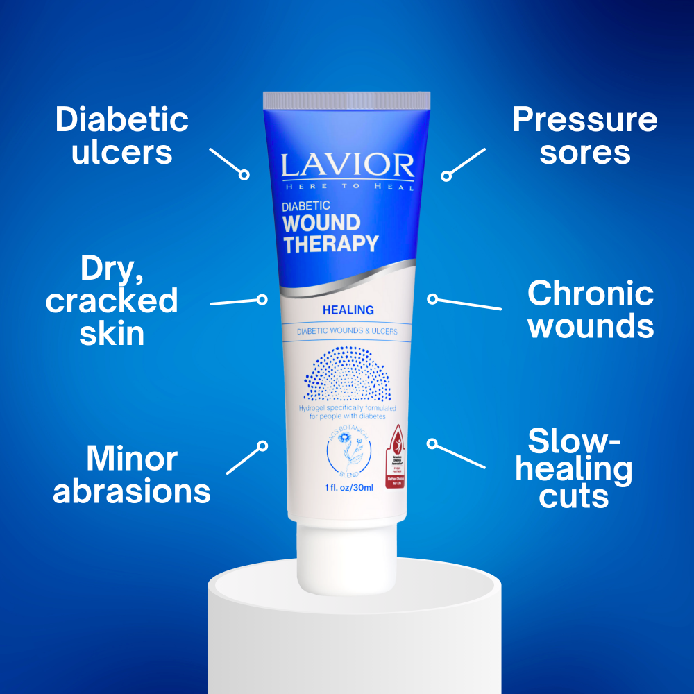 Lavior Diabetic Wound Hydrogel 1 fl oz / 30 mL tube on a pedestal with uses for diabetic ulcers, pressure sores, chronic wounds and minor abrasions
