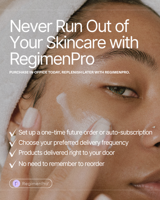 "Never Run Out of Your Skincare with RegimenPro" graphic showing a person applying cream, with the reorder and auto-subscription benefits listed.
