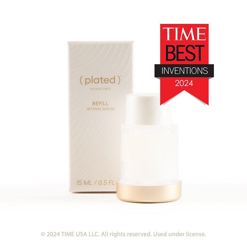 Plated refillable skincare product with packaging and TIME Best Inventions 2024 badge on a white background