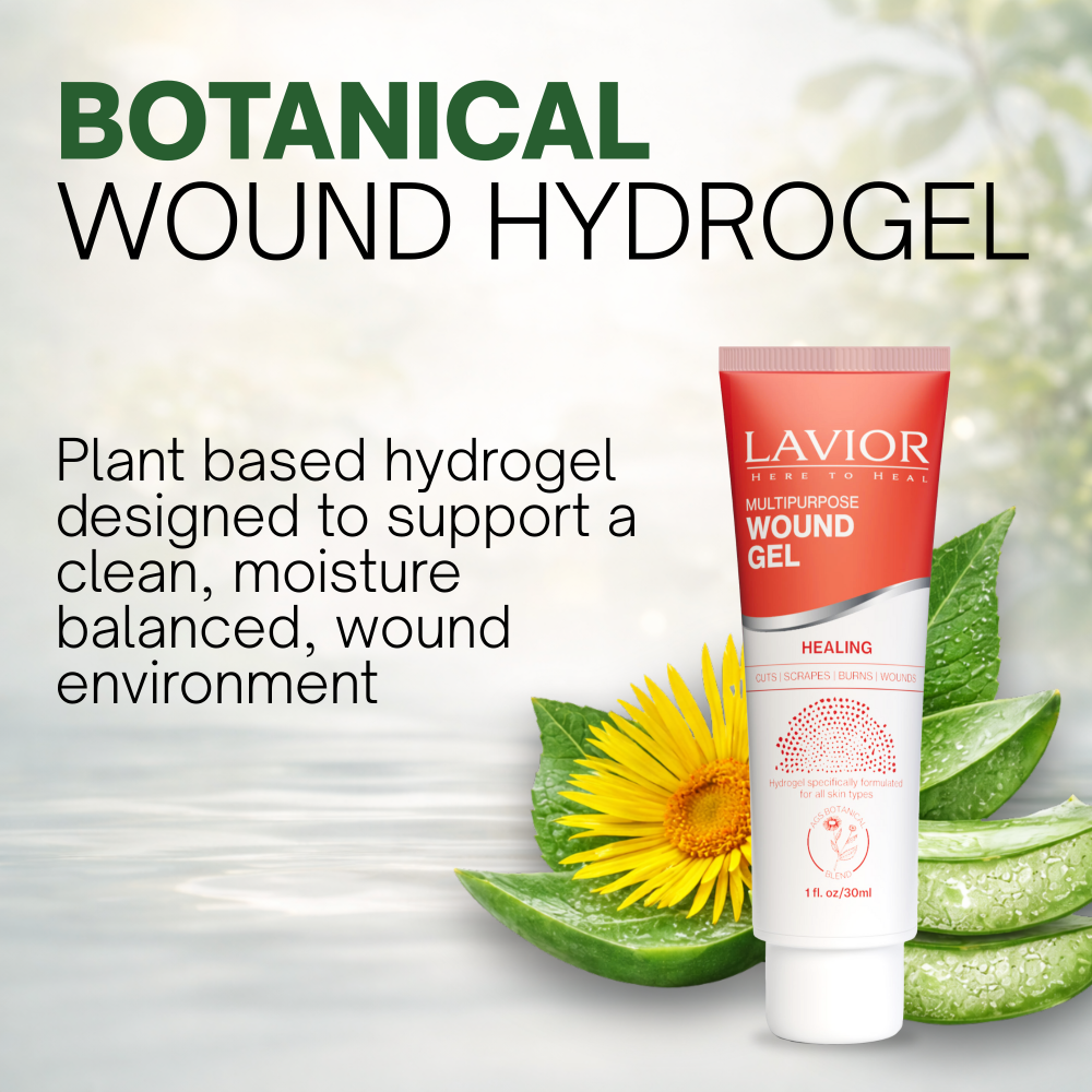 Lavior Multipurpose Wound Gel 1 fl oz / 30 mL tube with botanical wound hydrogel headline, flower and aloe leaves