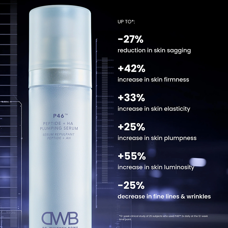 P46 Skincare serum bottle with skincare benefits text on a dark background