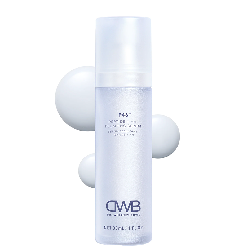 Serum bottle with 'P46' and 'Dr. Whitney Bowe' branding on a white background