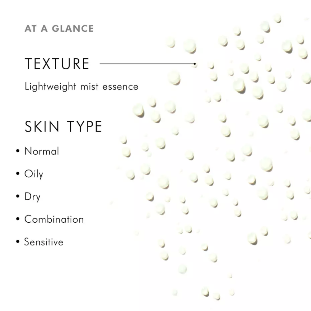 SkinCeuticals Phyto Corrective Essence Mist, 50ml: at-a-glance graphic showing a lightweight mist essence texture for normal, oily, dry, combination, and sensitive skin