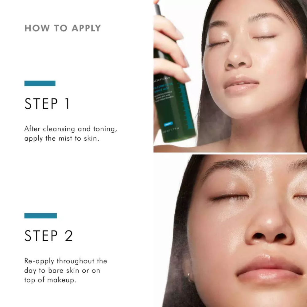 SkinCeuticals Phyto Corrective Essence Mist, 50ml: how-to-apply graphic with a model misting her face after cleansing and toning