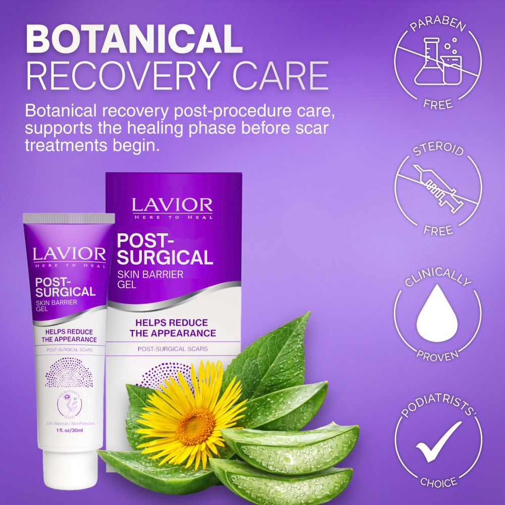 Lavior Post-Surgical Skin Barrier Gel 1 fl oz / 30 mL tube and box with botanical recovery care headline, aloe, flower and paraben-free, steroid-free, clinically proven and podiatrists’ choice badges