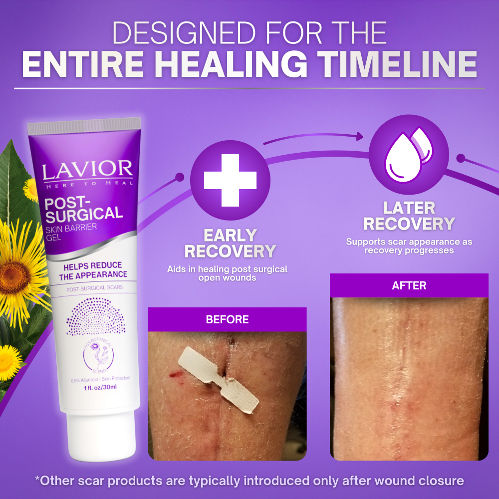Lavior Post-Surgical Skin Barrier Gel 1 fl oz / 30 mL tube with early and later recovery timeline and before and after photos of a surgical scar