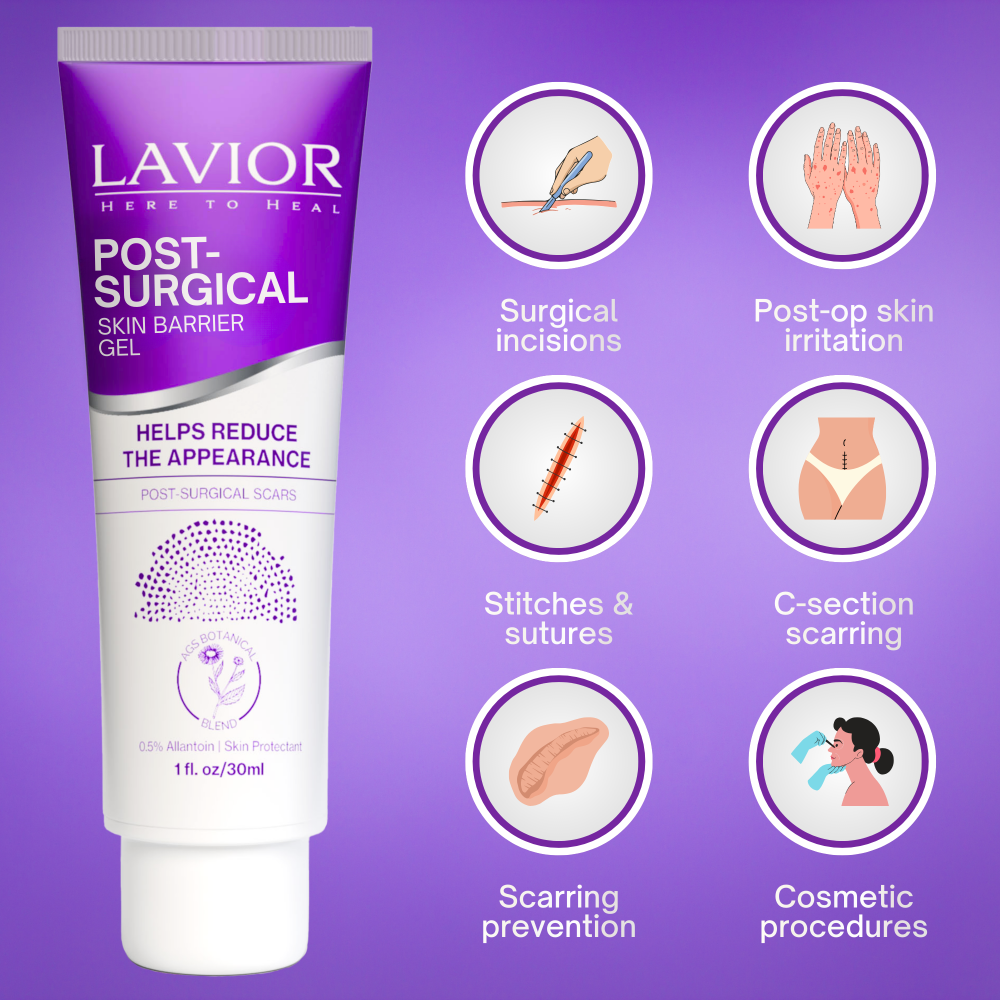 Lavior Post-Surgical Skin Barrier Gel 1 fl oz / 30 mL tube with icons for surgical incisions, post-op skin irritation, stitches and sutures, C-section scarring, scarring prevention and cosmetic procedures