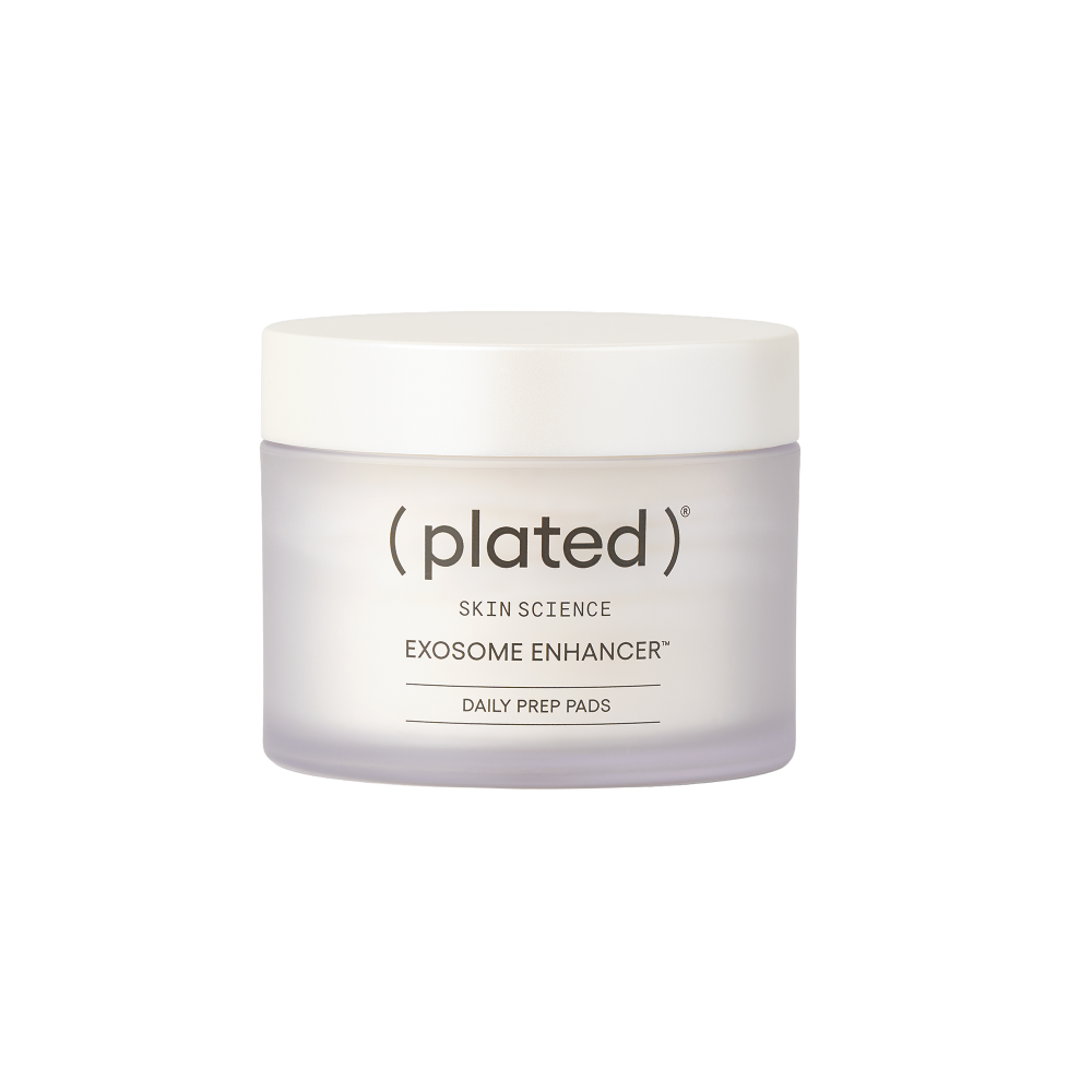 ( plated ) Skin Science, Exosome Enhancer Daily Prep Pads, 50 pads. Frosted lavender jar with a white lid on a white background.