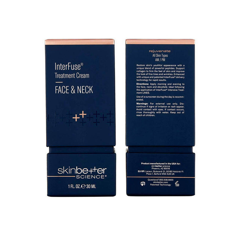 skinbetter science Interfuse Treatment Cream FACE and NECK 1 FL. OZ. e 30 ML with box front and back