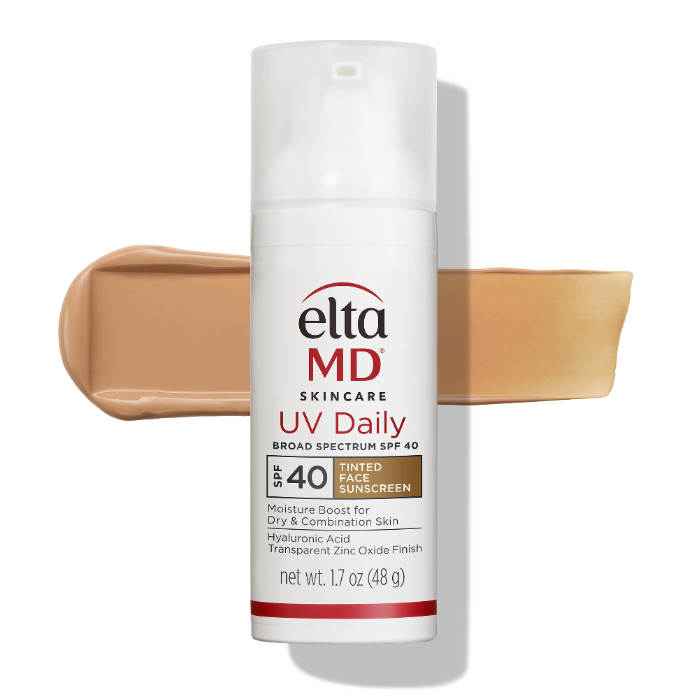EltaMD UV Daily Facial Sunscreen Tinted Broad-Spectrum SPF 40 1.7 oz / 48 g bottle with two tinted swatches on white background