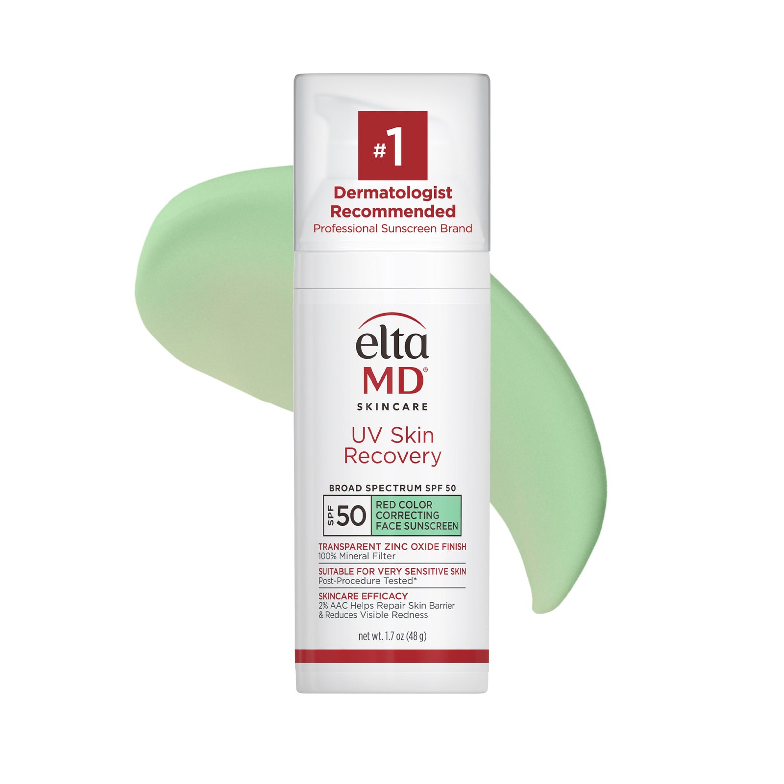Elta MD UV Skin Recovery sunscreen bottle with green tint on a white background