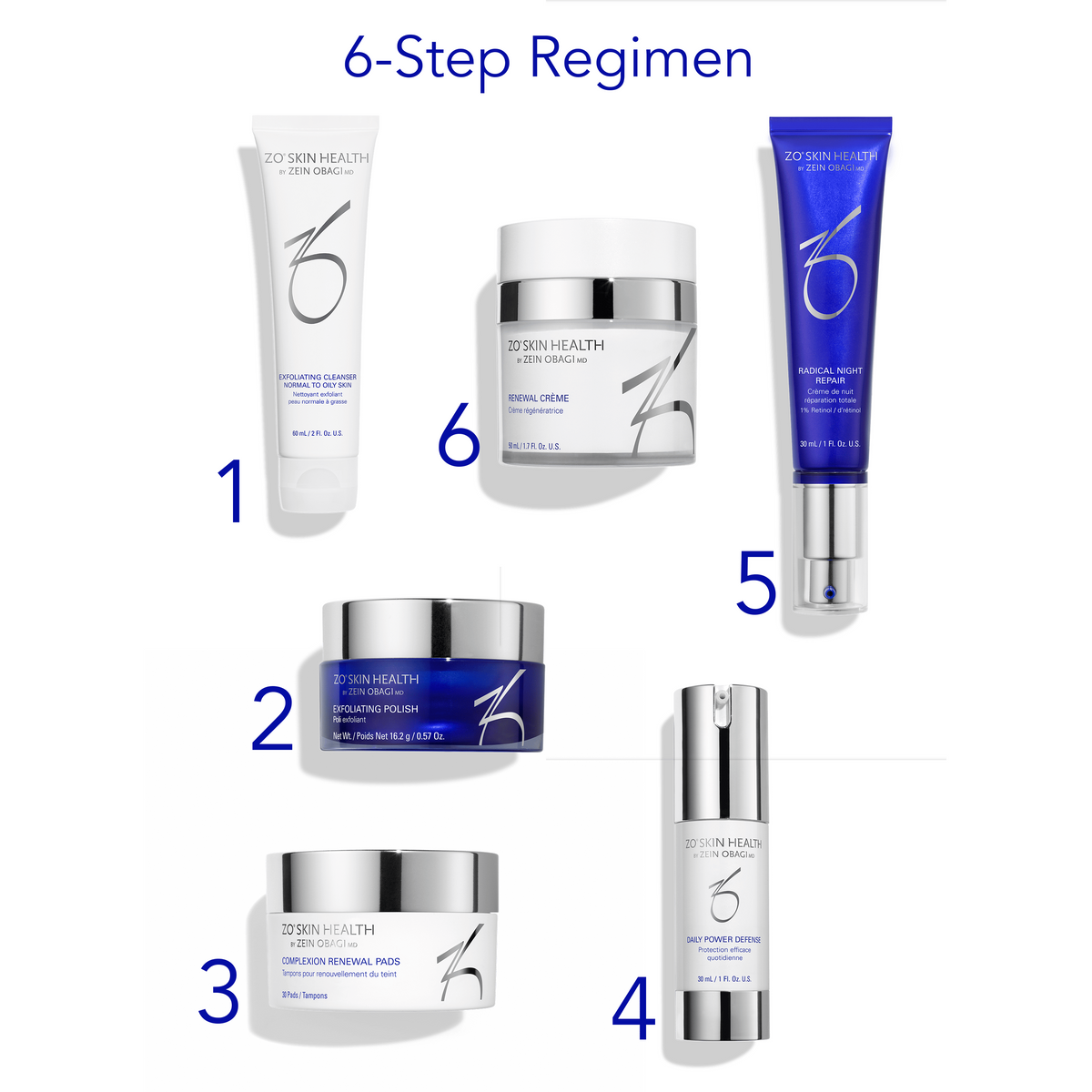 ZO Skin Health skincare products arranged in a 6-step regimen on a white background