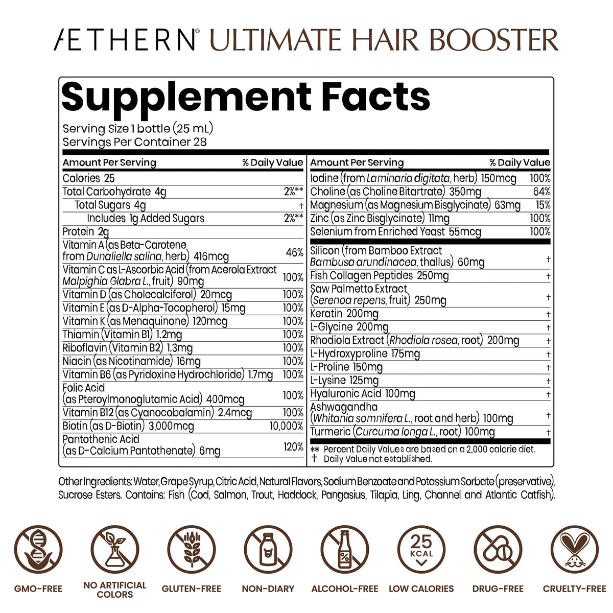 Supplement facts label for Aethern Ultimate Hair Booster on a white background