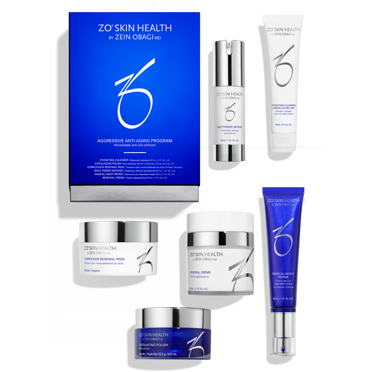 ZO Skin Health skincare products including a box, bottles, and jars on a white background