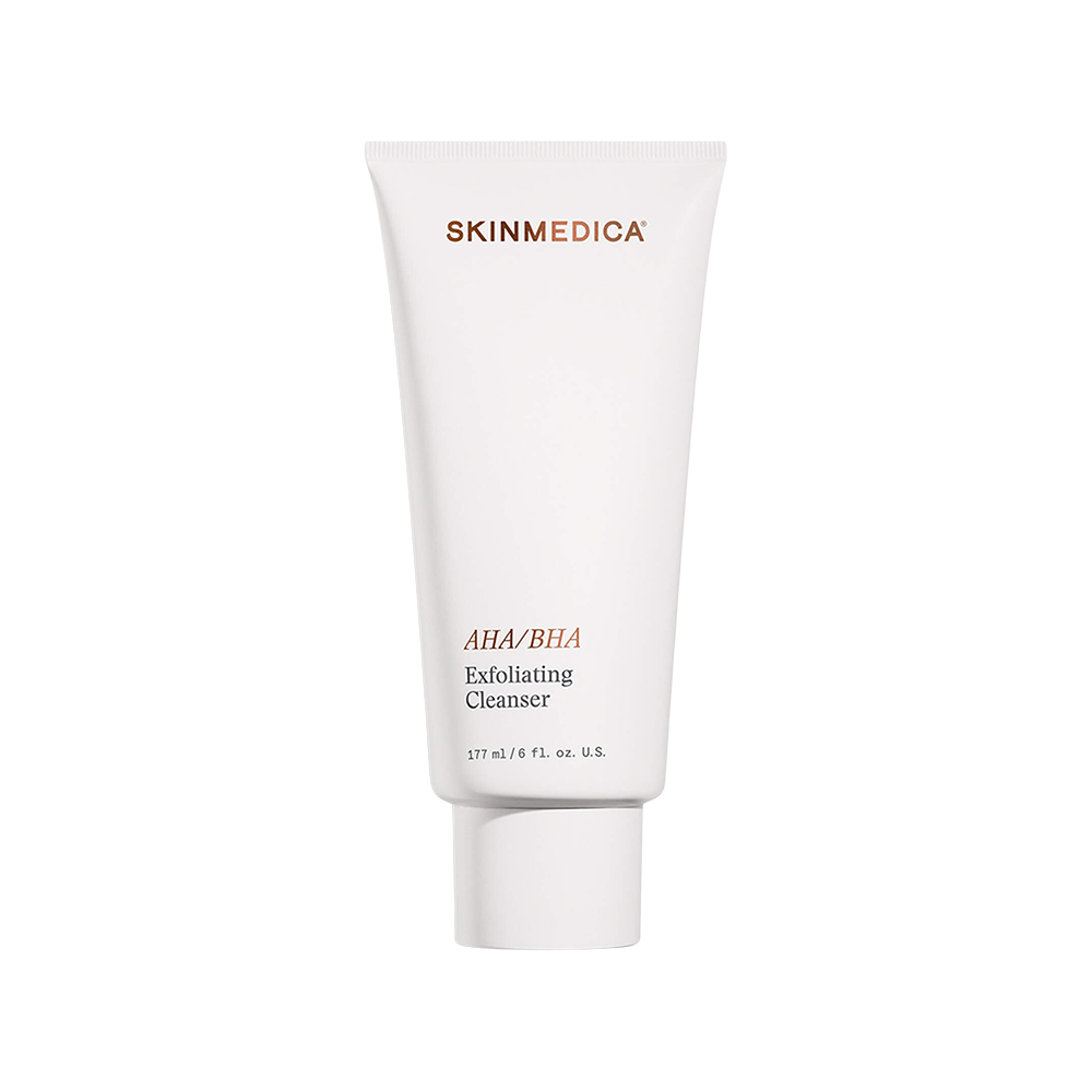 skinmedica AHA/BHA Exfoliating Cleanser on white background, 6fl oz/177mL