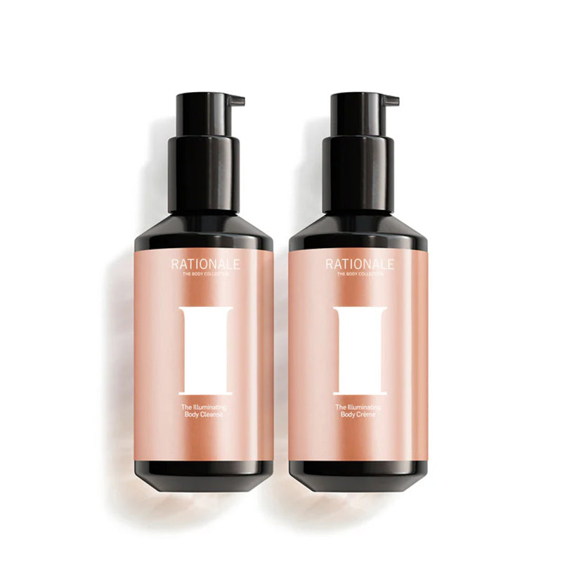 RATIONALE The Illuminating Body Cleanse and The Illuminating Body Crème bottles on a white background.