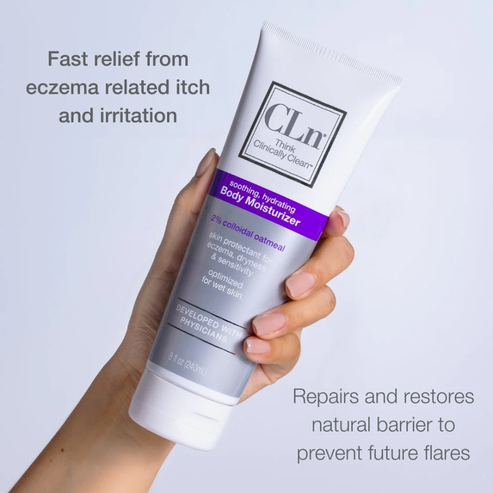 CLn Body Moisturizer 8 fl. oz. held in hand - fast relief from eczema related itch and irritation