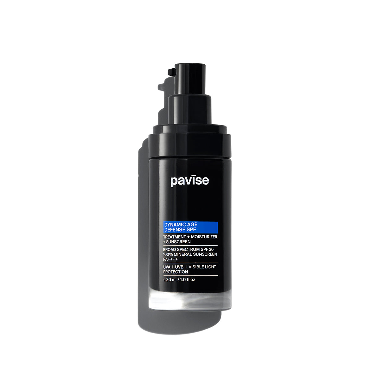 A black Pavise Dynamic Age Defense SPF 30. 30mL/1 oz size with no cap showing pump