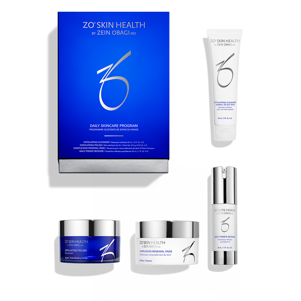 ZO Skin Health skincare products including a blue box, bottles, and jars on a white background.