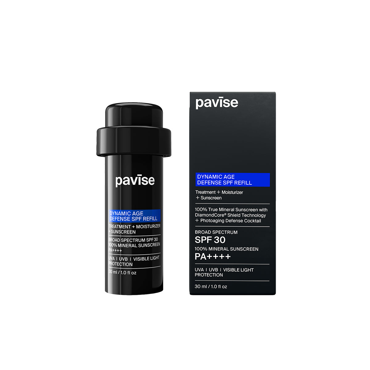 Pavise Dynamic Age Defense SPF refill bottle and packaging on a white background