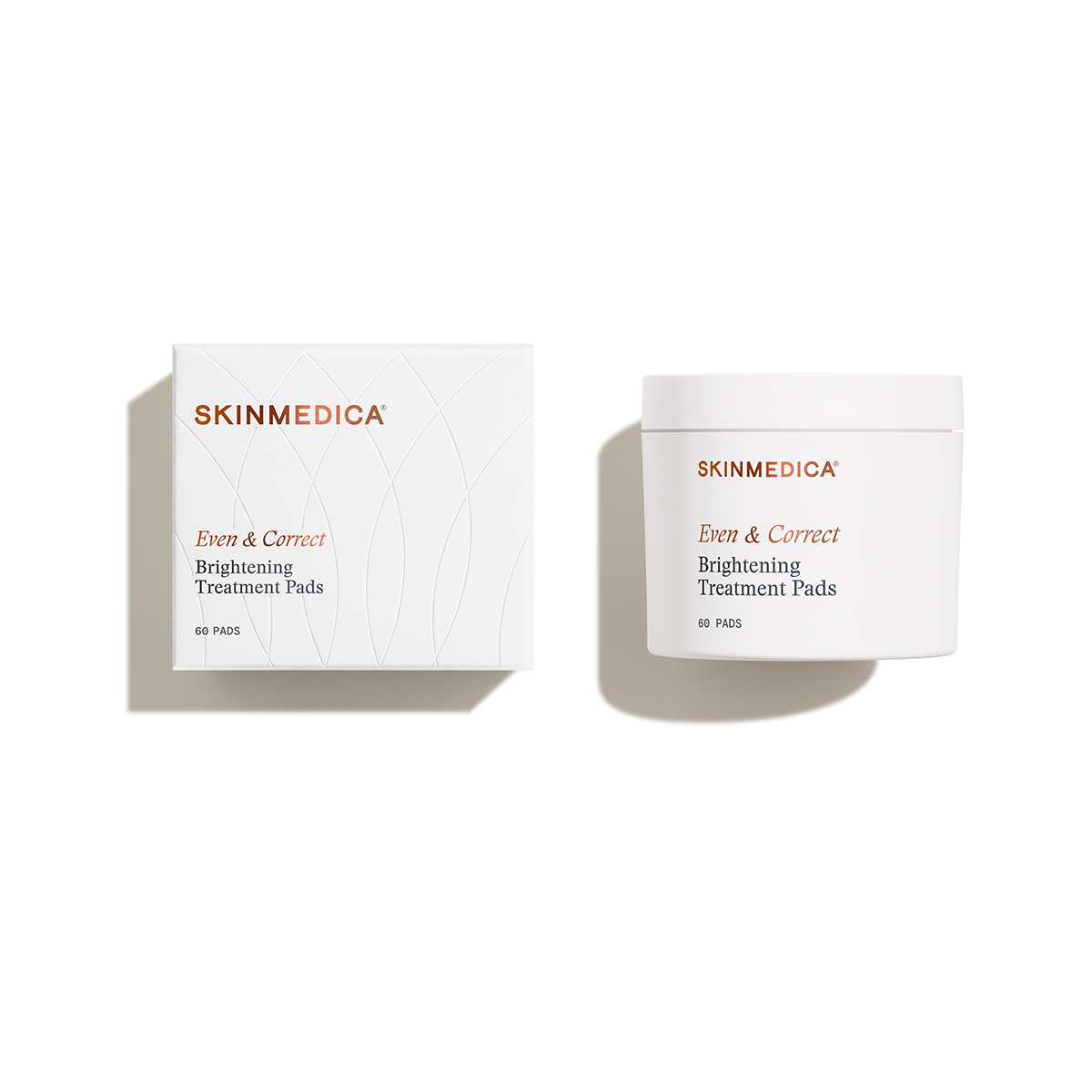SkinMedica Even & Correct Brightening Treatment Pads, 60 pads total. Box on one side, container on the other.