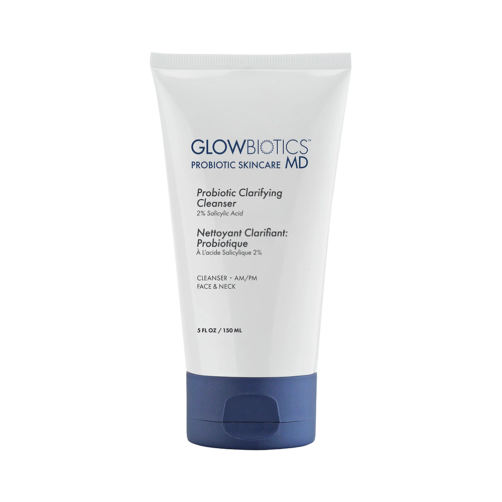 Glowbiotics Probiotic Skincare MD Probiotic Clarifying Cleanser tube on a white background. 4 oz/150mL size.